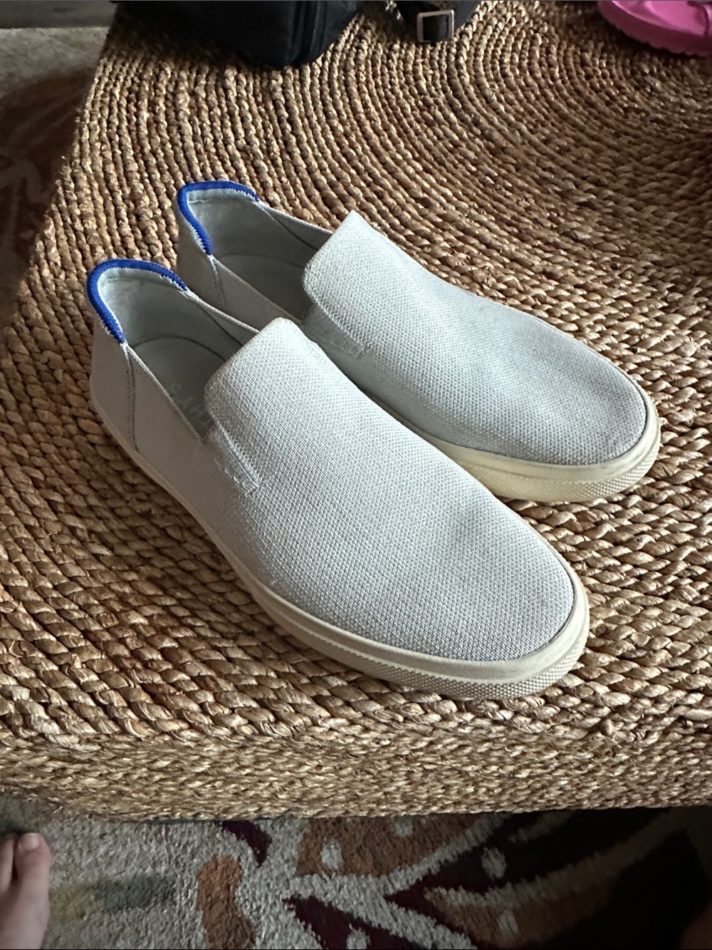 Rothy’s- Men's size 8.5 Slip-On Canvas Shoes in Light Gray with Blue Trim